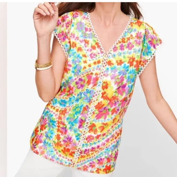 Talbots Plus Petites Colorful Floral Blouse Cap Sleeve Lace Hem And Trim Size XP - Picture 1 of 8
